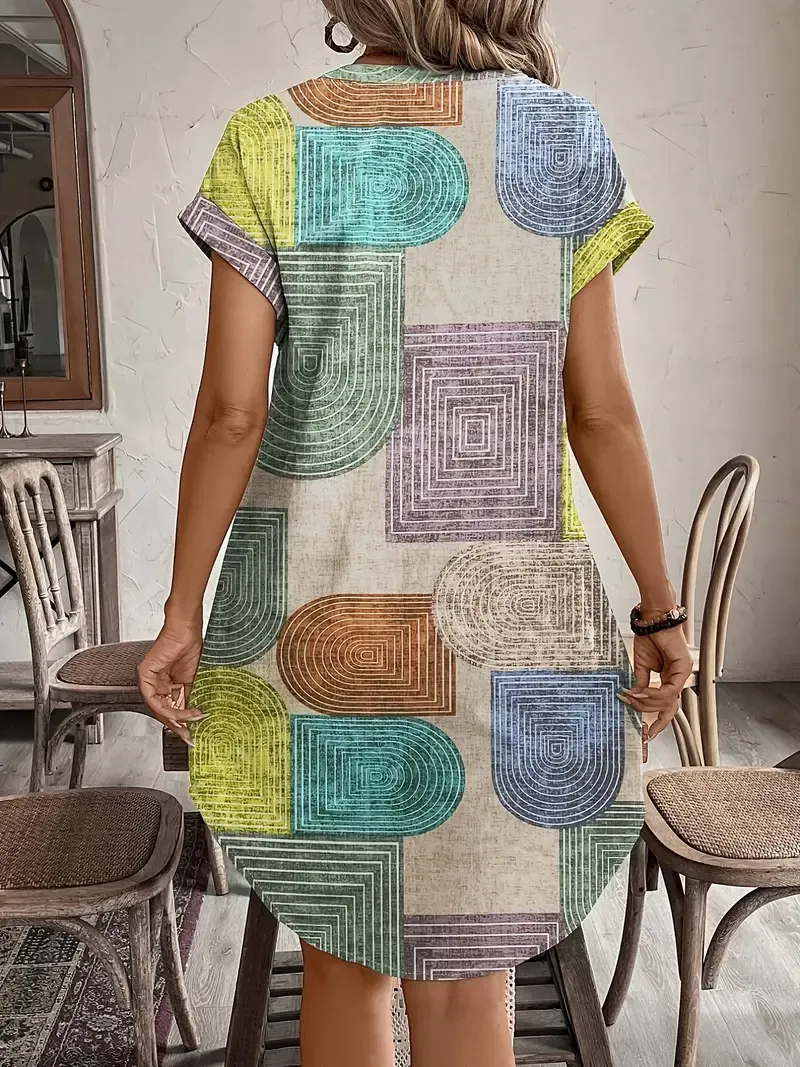 Women'S Summer Geometric Print V-Neck Dress with Buttons, Elegant Fitted Polyester Woven Midi Dress for All Seasons, Casual Elegant Attire | Vneck Dress | Woven Texture,