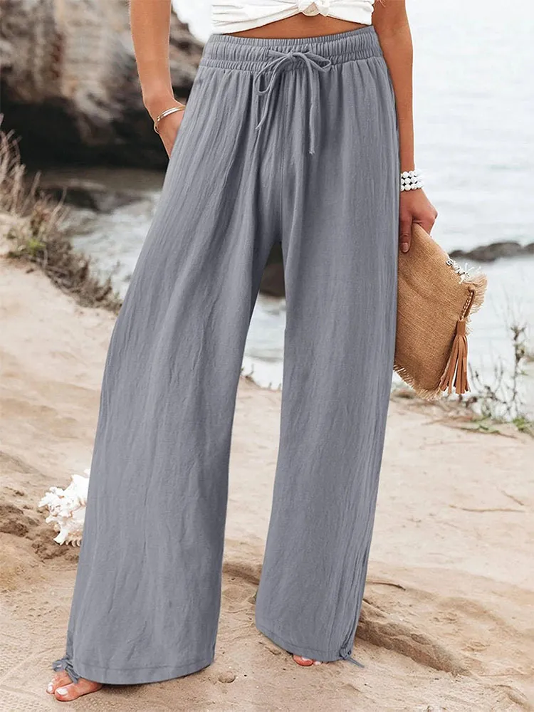 Women'S Solid Color Multi-Color Elastic Waist Loose Pocket Casual Pants