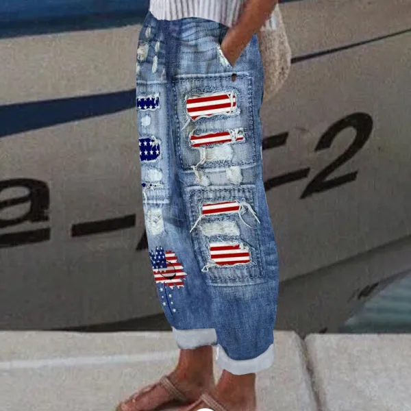 Women's Vintage Independence Day Print Linen Blend Casual Pants
