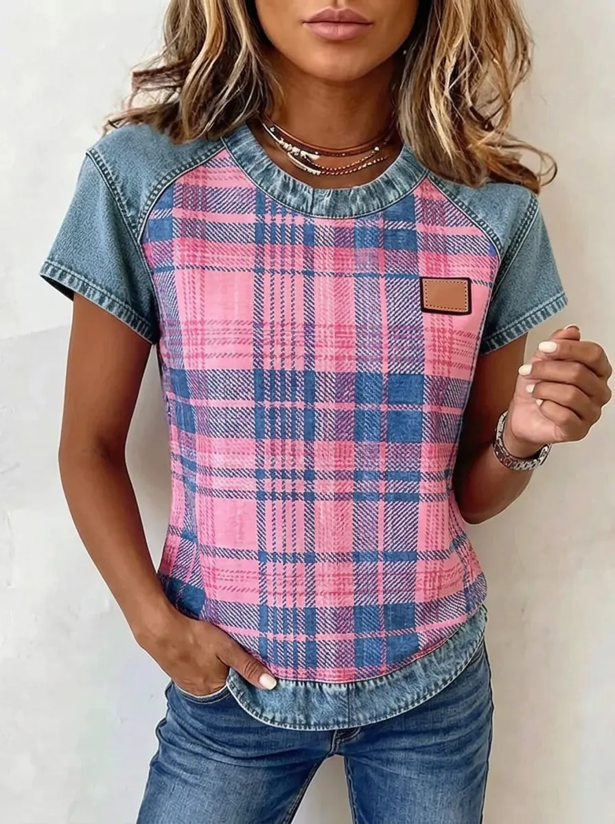 Women's Nashville Country Style Pink Plaid Denim Printed T-shirt