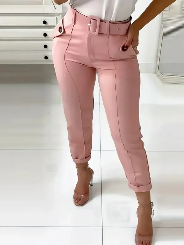 Skinny Leggings Pants - Solid Belted, Slant Pocket Button, Casual Every Day - Women's Clothing