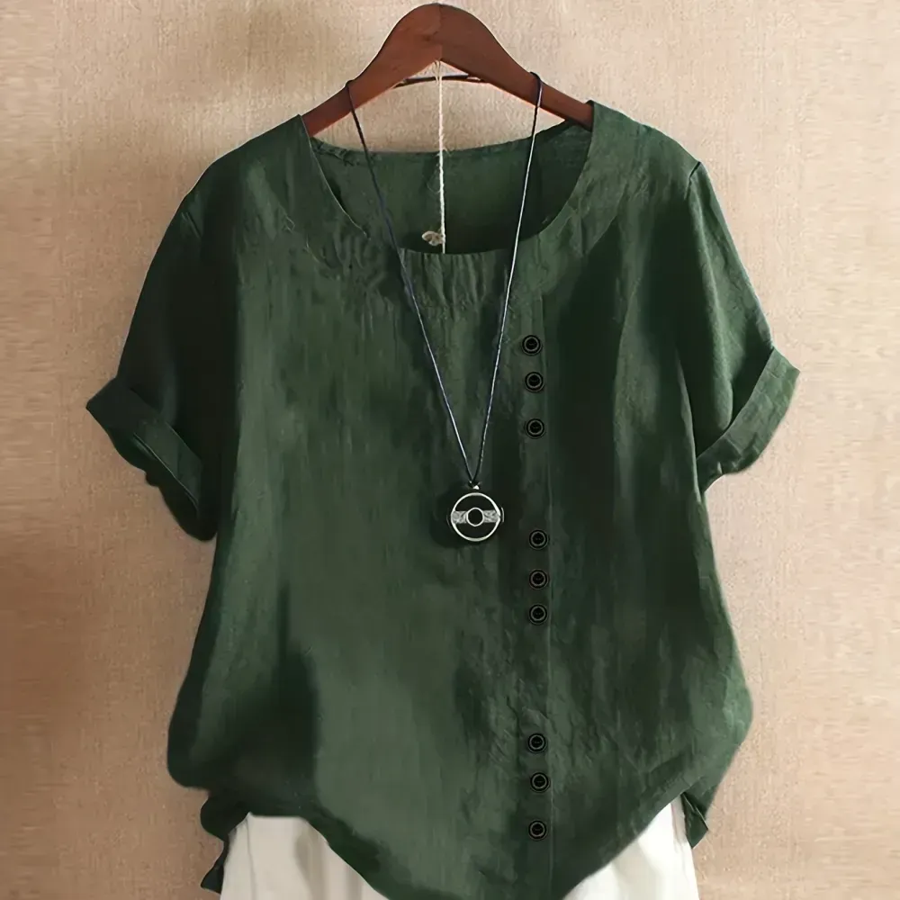 Plus Size Solid Button Decor Short Sleeve T-shirt, Women's Plus Casual Round Neck Tee
