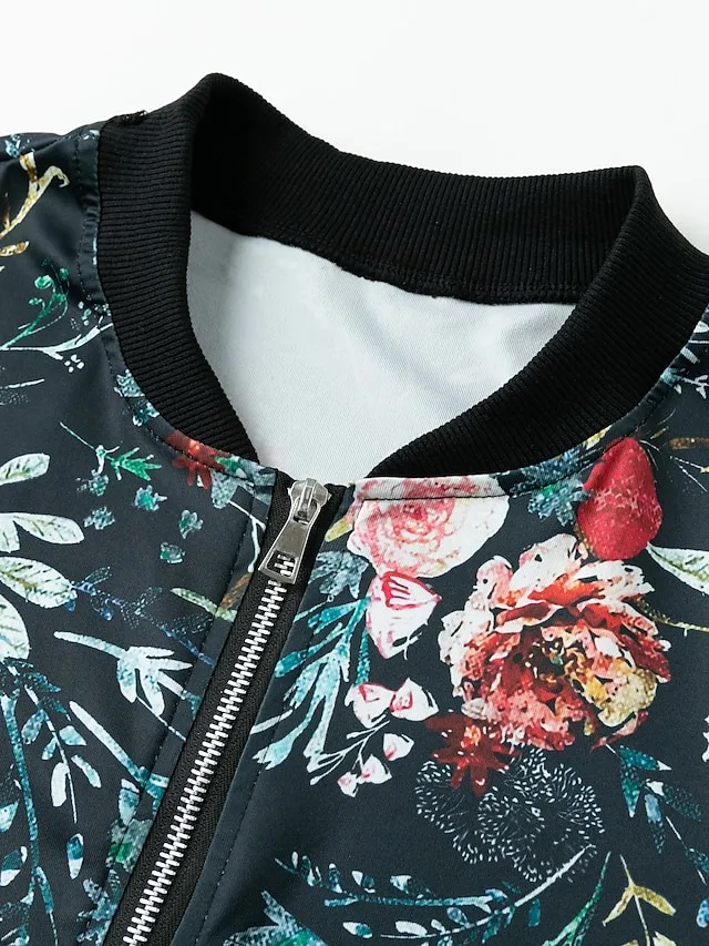 Women's Bomber Jacket Casual Jacket Outdoor Zipper Floral Pattern Breathable Streetwear Regular Fit Outerwear Long Sleeve Summer Black