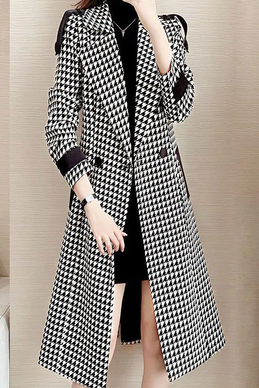 Classic Houndstooth Long Trench Coat
