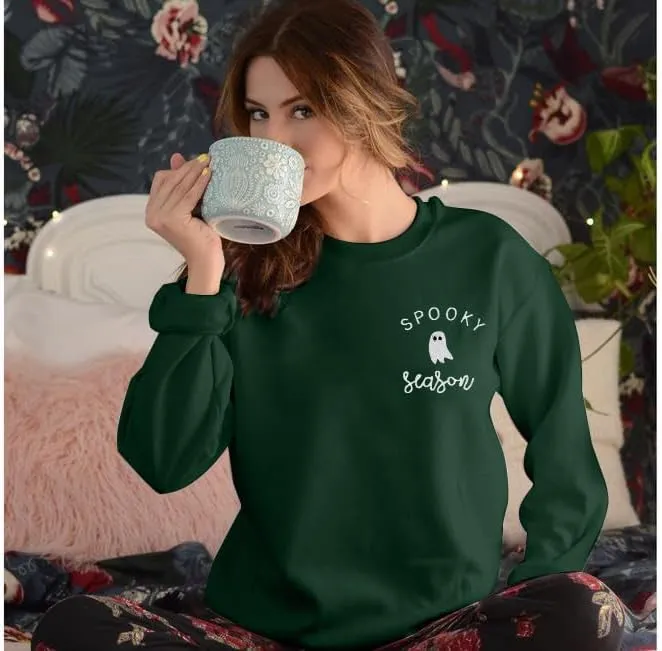 LOTUCY Halloween Sweatshirt Women Cute Spooky Season Sweatshirts Ghost Fall Embroidered Sweater Pullover Top