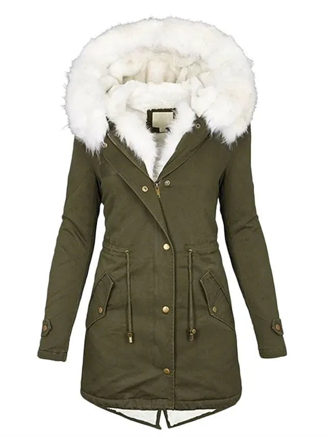 Women's Winter Coat Fleece Lined Parka Hoodie Jacket Windproof Warm Puffer Jacket Streetwear Casual Heated Coat with Fur Collar Jacket Long Sleeve Color Block Pocket Pink Army Green Khaki