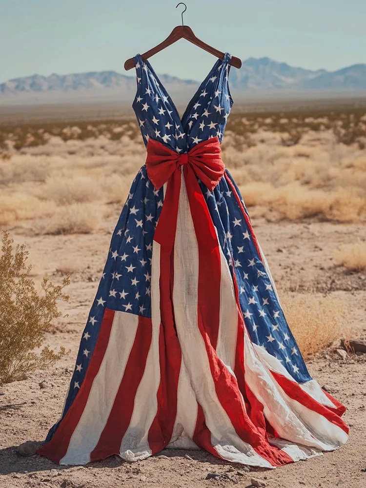 Women's Vintage Independence Day Art Print Linen Sleeveless Dress