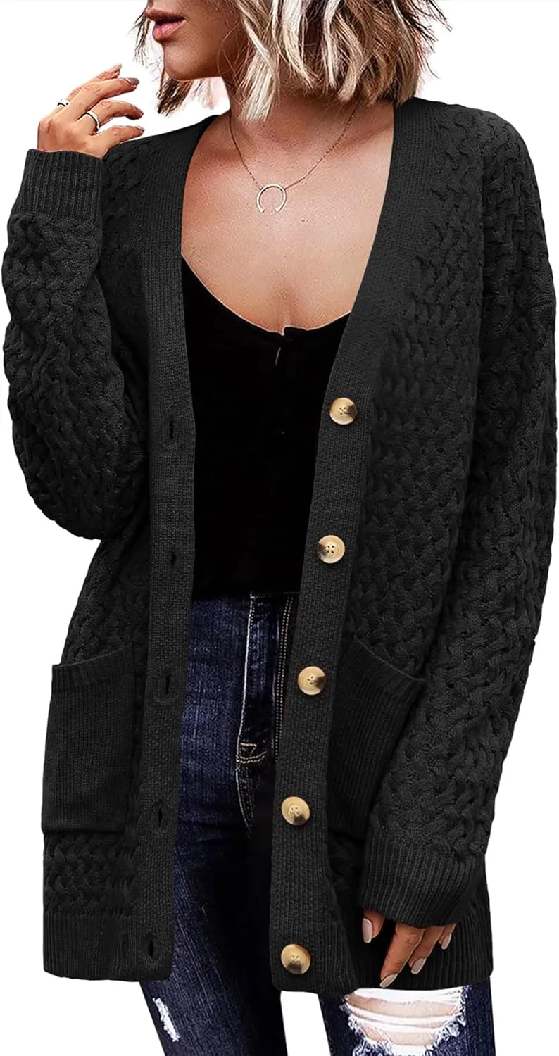 Womens 2024 Long Sleeve Chunky Cable Knit Fall Cardigans Sweaters Button Down Open Front Outerwear with Pockets