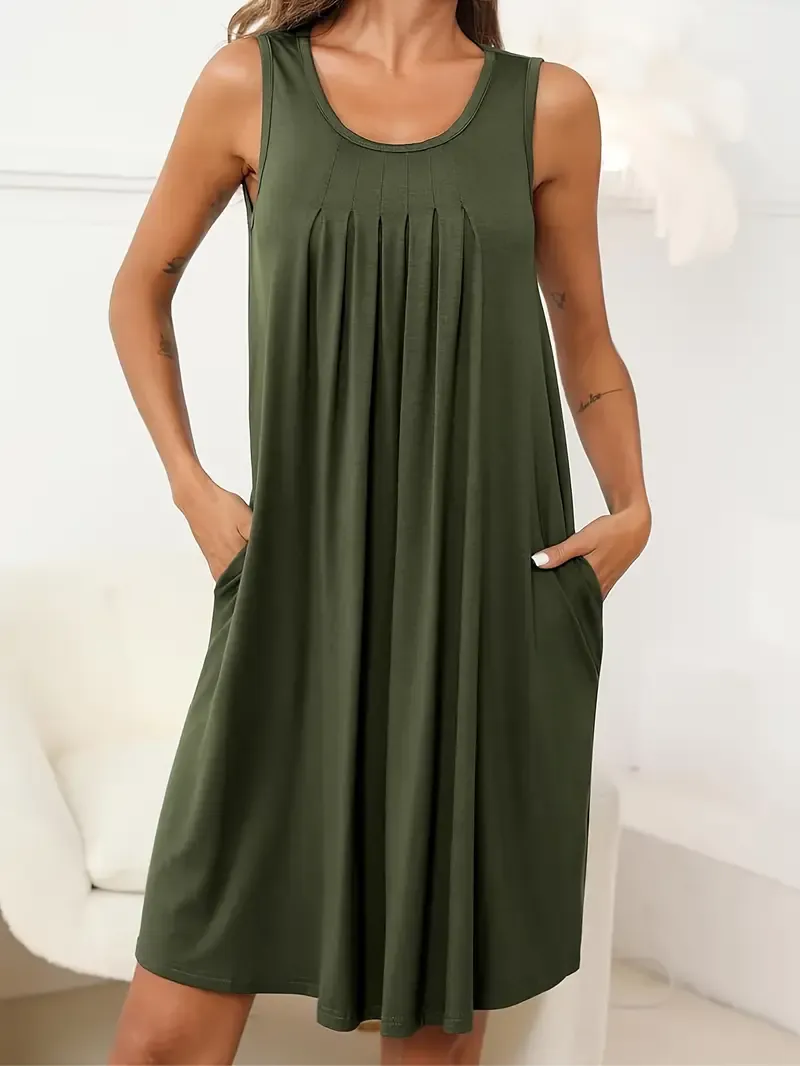 Solid Crew Neck Pleated Dress, Casual Sleeveless Loose Dress