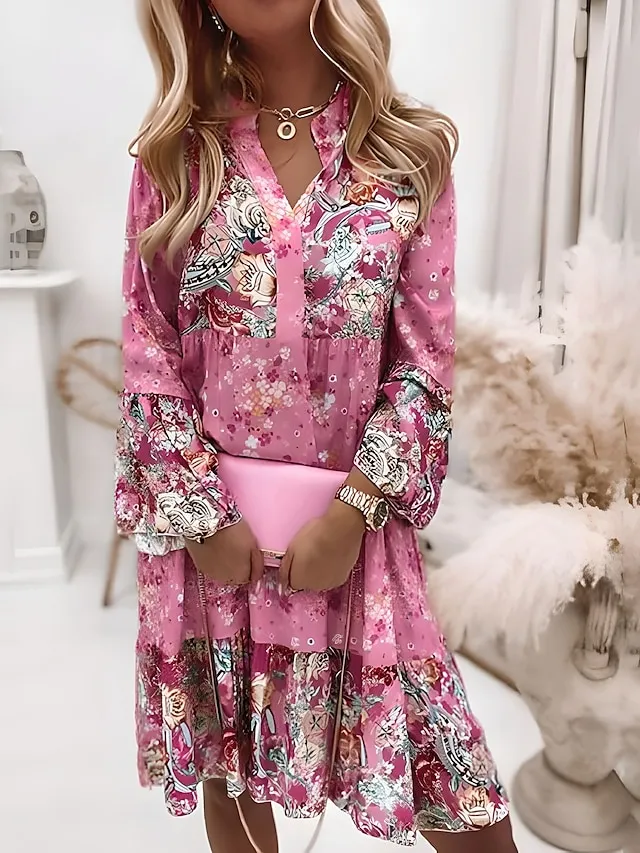 Women‘s Shift Dress Boho Dress Knee Length Dress Pink Long Sleeve Floral Ruffle Smocked Print Summer Spring V Neck Boho Casual Flare Cuff Sleeve 2023 4XL