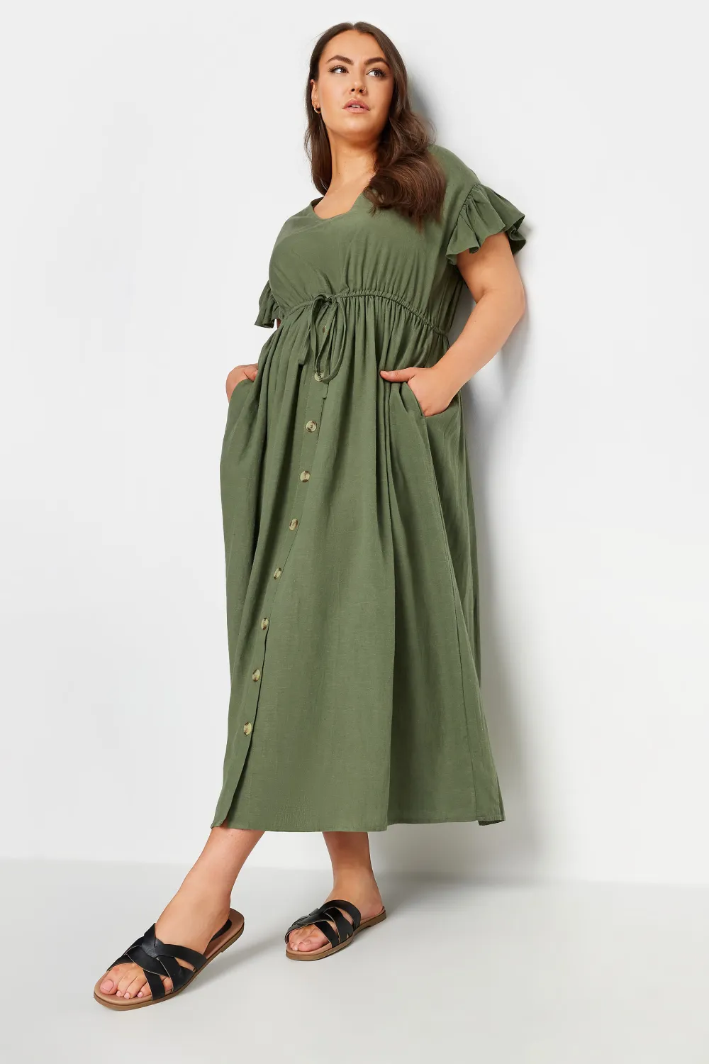 YOURS Curve Khaki Green Linen Maxi Dress