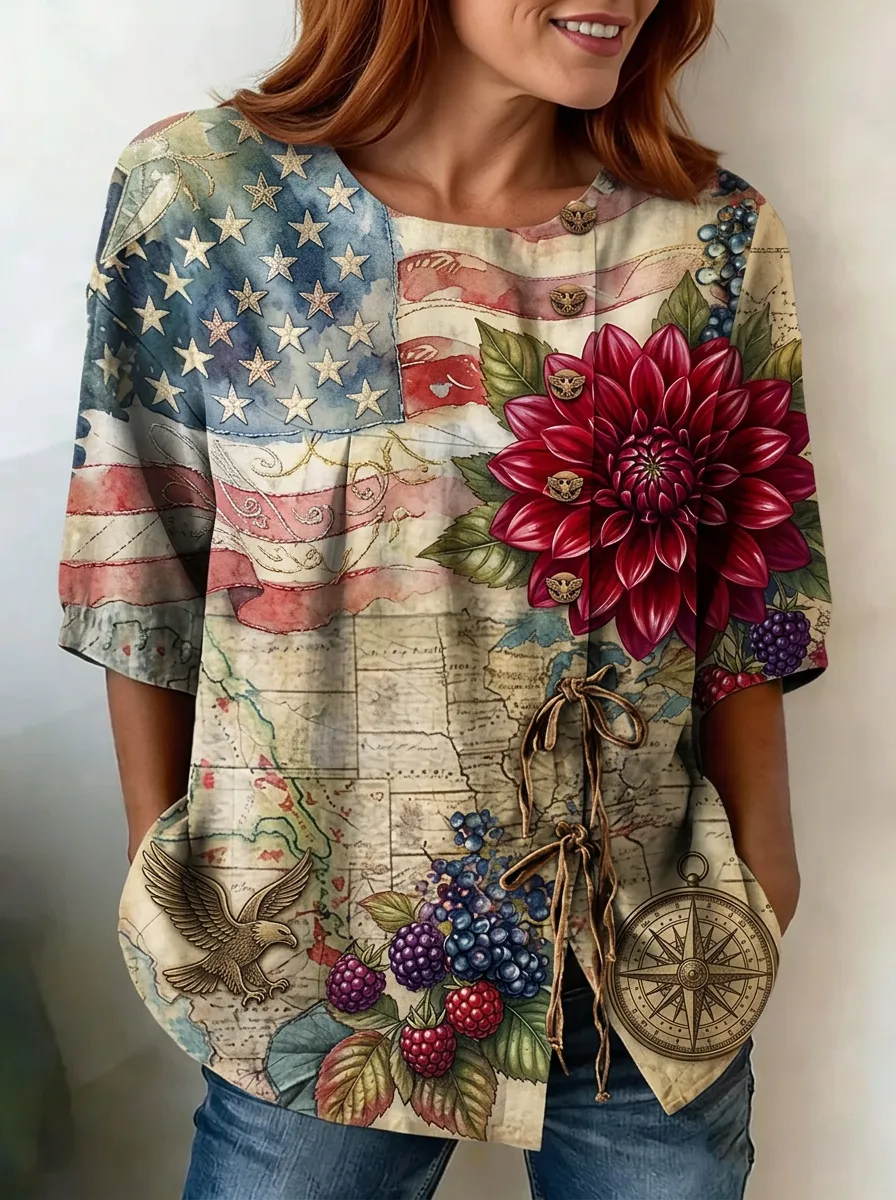 Women's Nashville USA Flag Floral Eagle Compass Printed Top