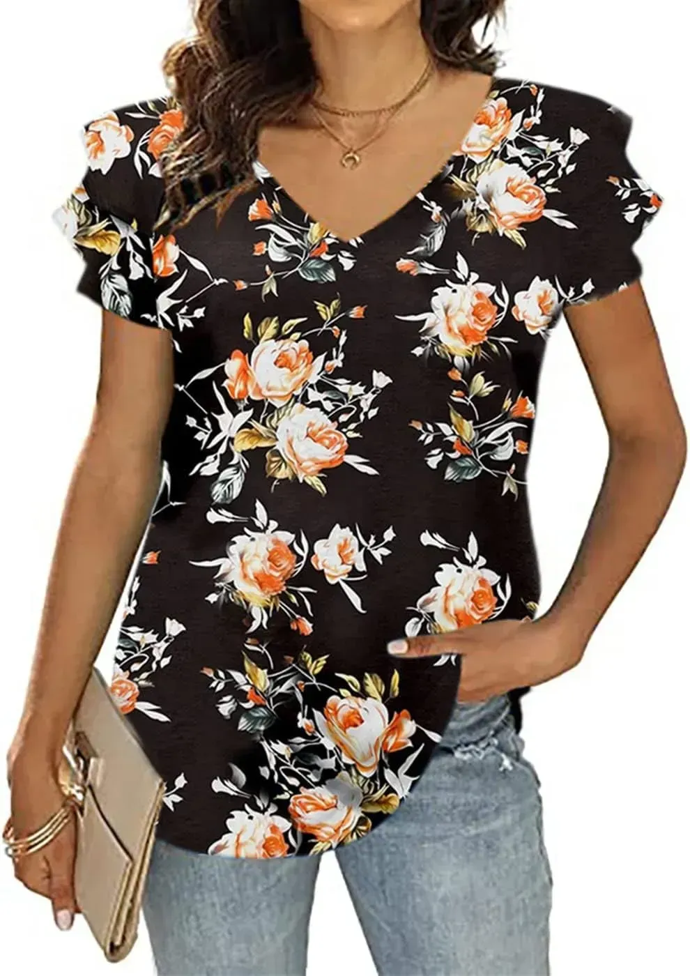 T&Twenties Womens Summer Tops Ruffle Short Sleeve Tunic Tops V Neck Loose Fit Flowy T-Shirts