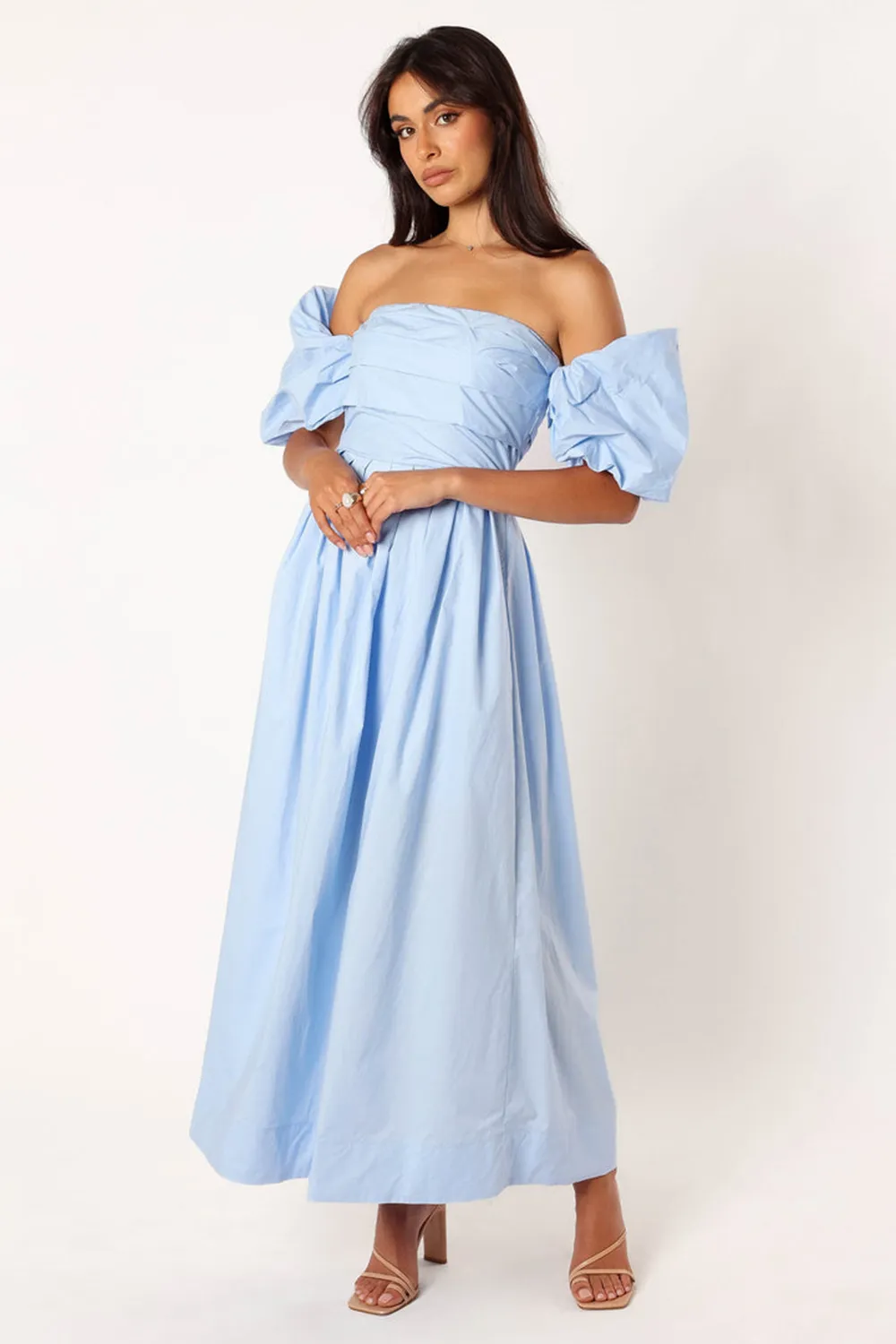 SOLANA OFF SHOULDER MIDI DRESS - BLUE