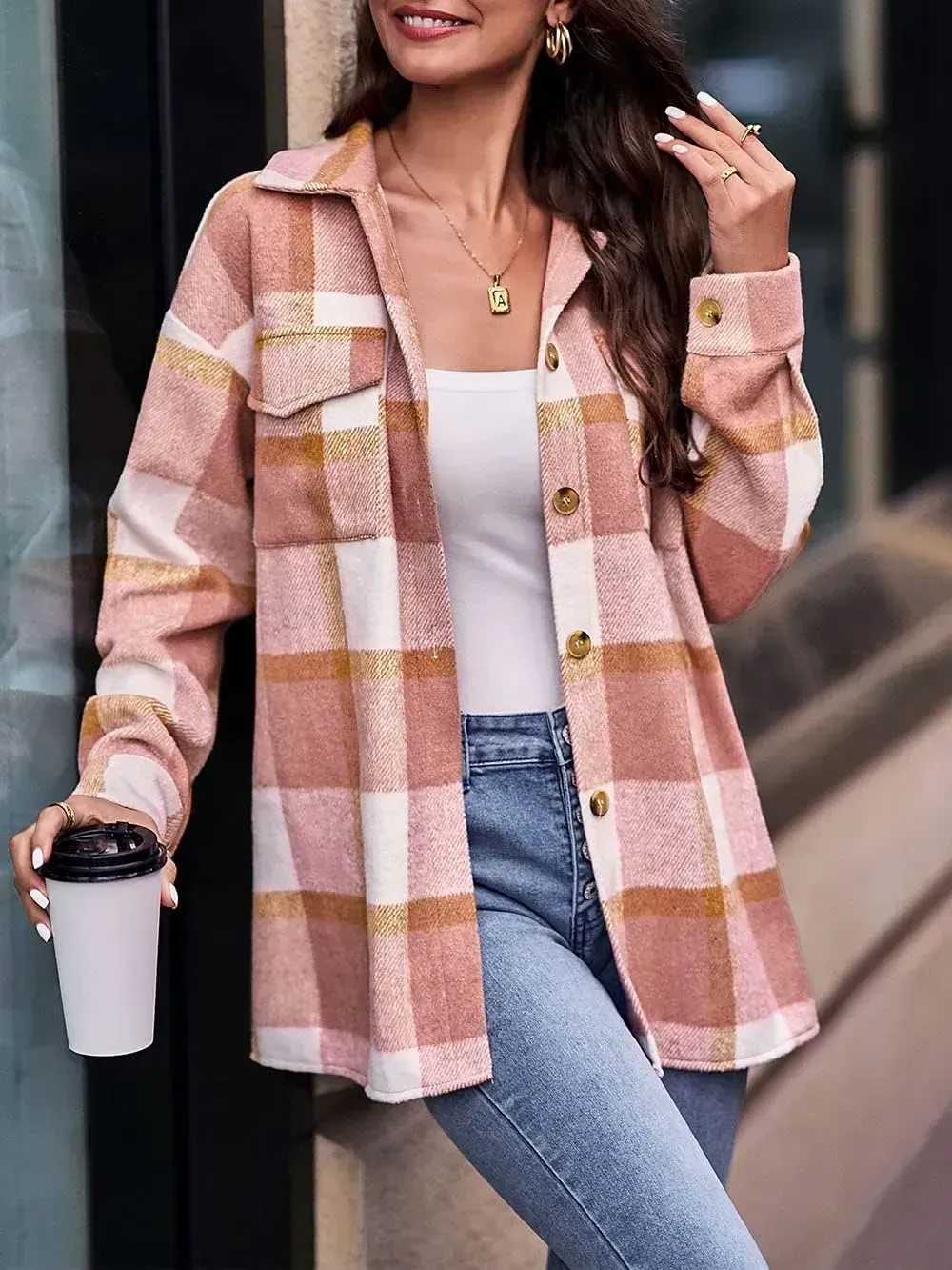 Women's 2023 Fall Clothes Plaid Shacket Jacket Long Sleeve Button Down Flannel Shirts Fashion Blouse