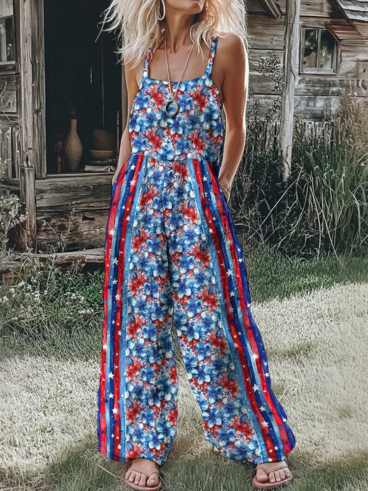 Women's Vintage Independence Day Floral Patch Jumpsuit