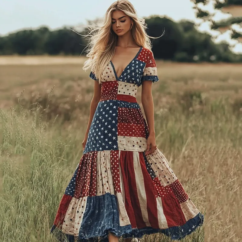 Women's Vintage Independence Day Patchwork Flower Art Linen Blend Midi Dress