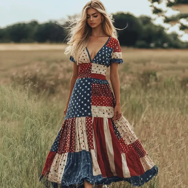 Women's Vintage Independence Day Patchwork Flower Art Linen Blend Midi Dress