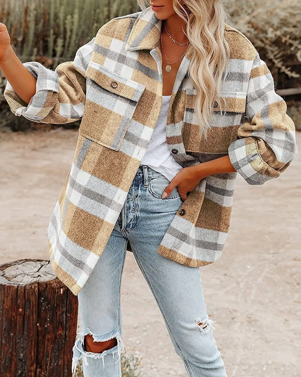 Women's Flannel Plaid Shacket Long Sleeve Button Down Chest Pocketed Shirts Jacket Coats