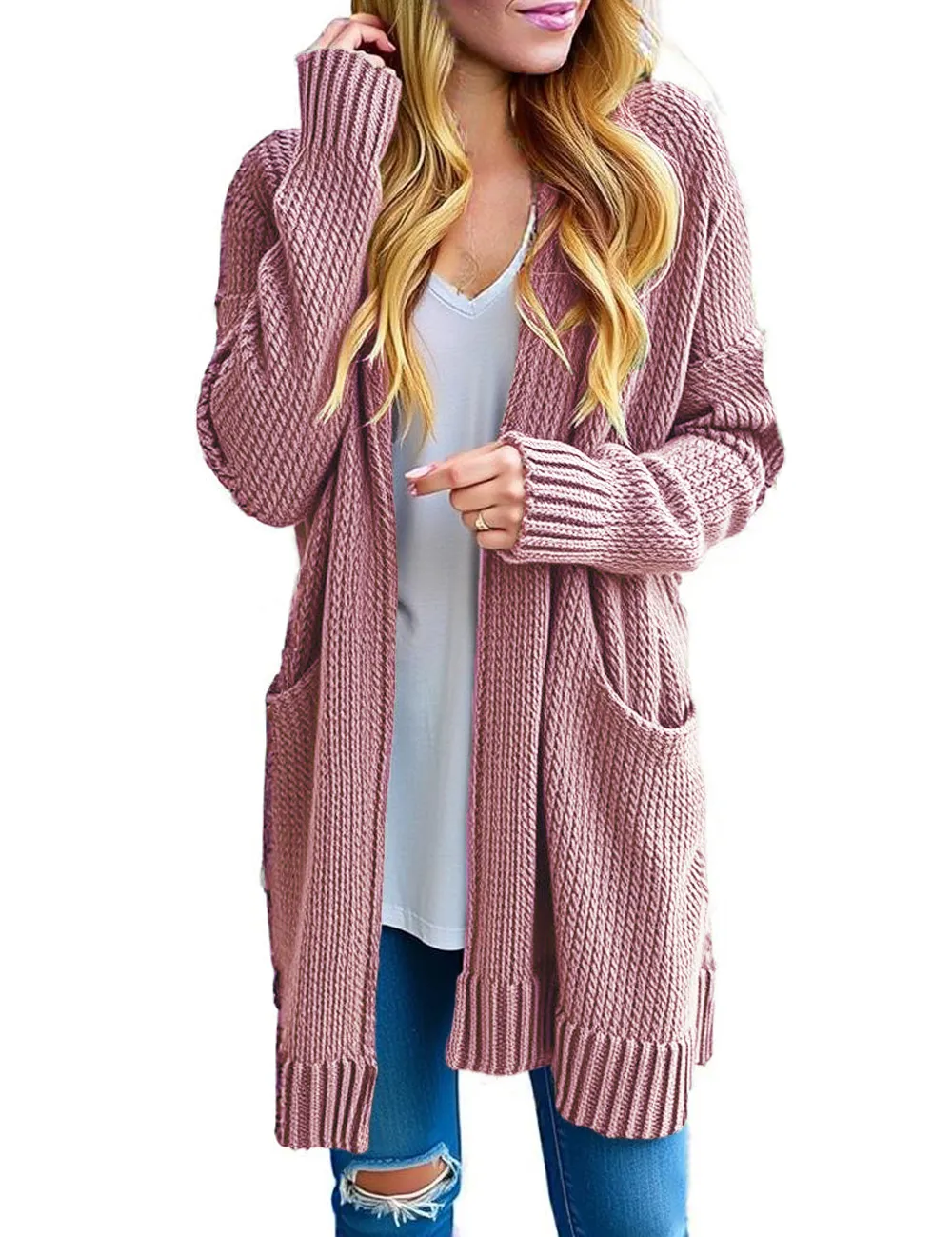 Women's Long Sleeve Knit Sweater Open Hooded Cardigan Jacket