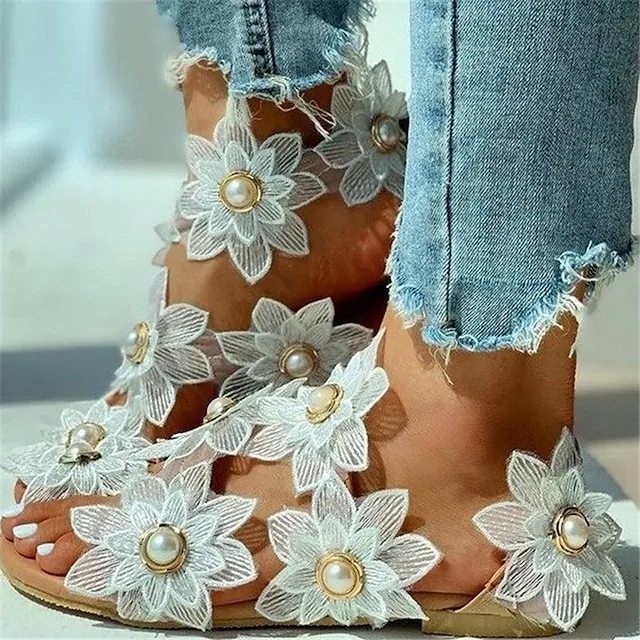 Women's Wedding Shoes Sandals Boho Bohemia Beach Flat Sandals Plus Size Wedding Party Daily Summer Imitation Pearl Flower Flat Heel Open Toe Cute Elegant Casual Walking Shoes Lace Synthetics Loafer