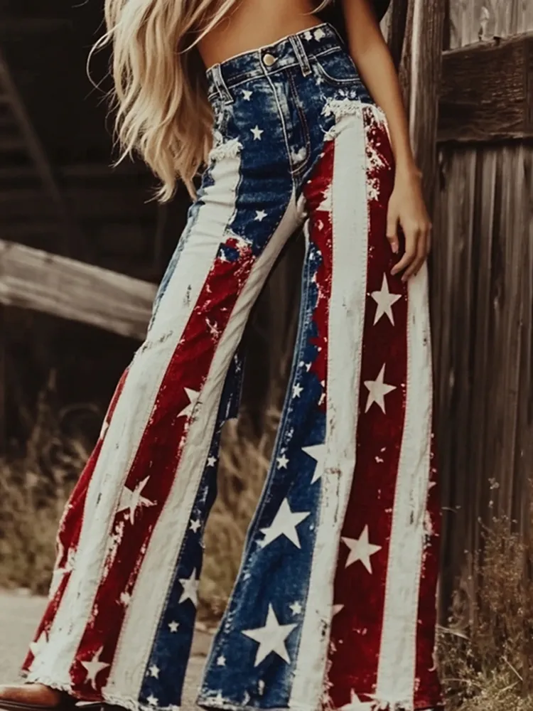 Vintage Independence Day America Flag Patchwork Art Design Jeans