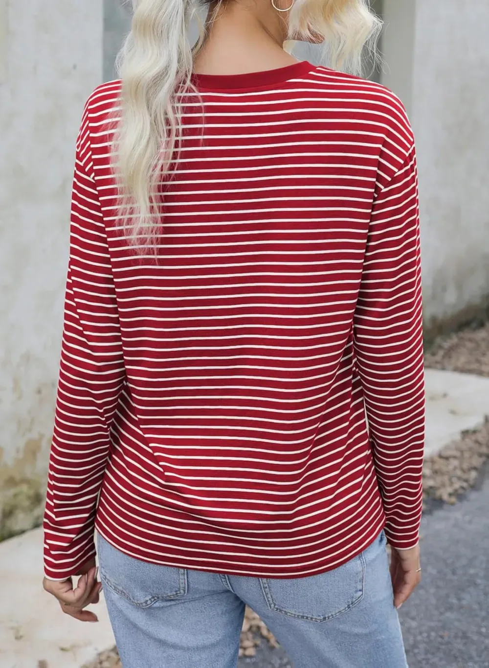 Dokotoo Women's Casual Striped Long Sleeve Tops Crew Neck Knit Ribbed Basic T Shirts
