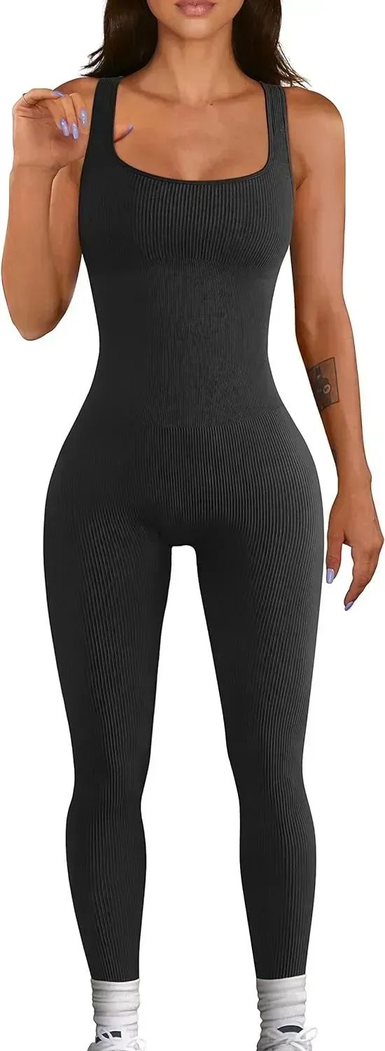 Women's Yoga Ribbed One Piece Tank Tops Rompers Sleeveless Exercise Jumpsuits