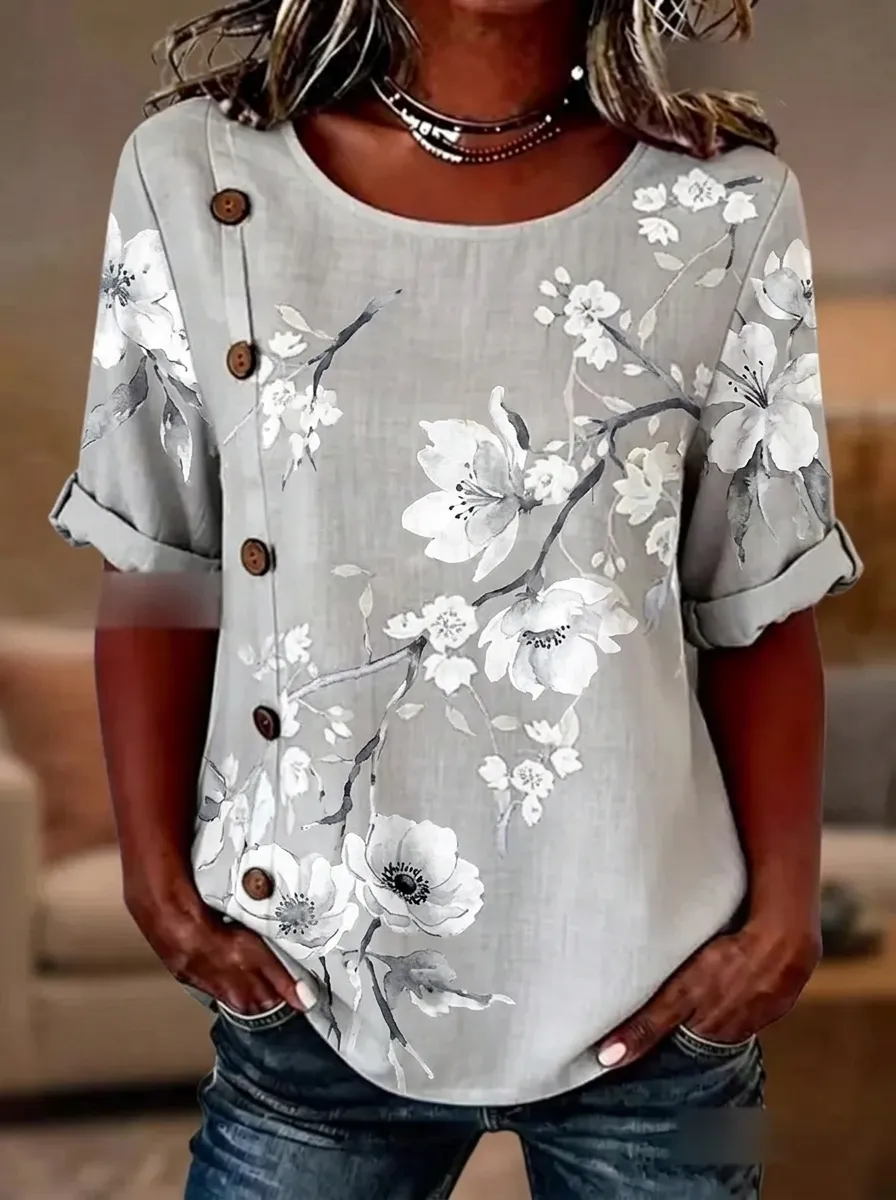 Women's Nashville Floral Branch Printed Button-Decorated Top
