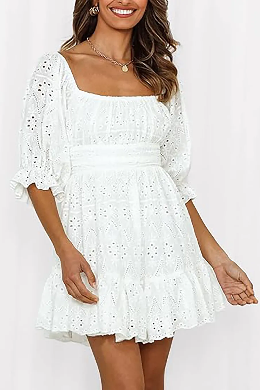 Summer Mini Floral Babydoll Dress-White