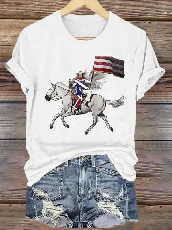 Retro Country Western Music Cowboy Horse And Flag Print T-Shirt