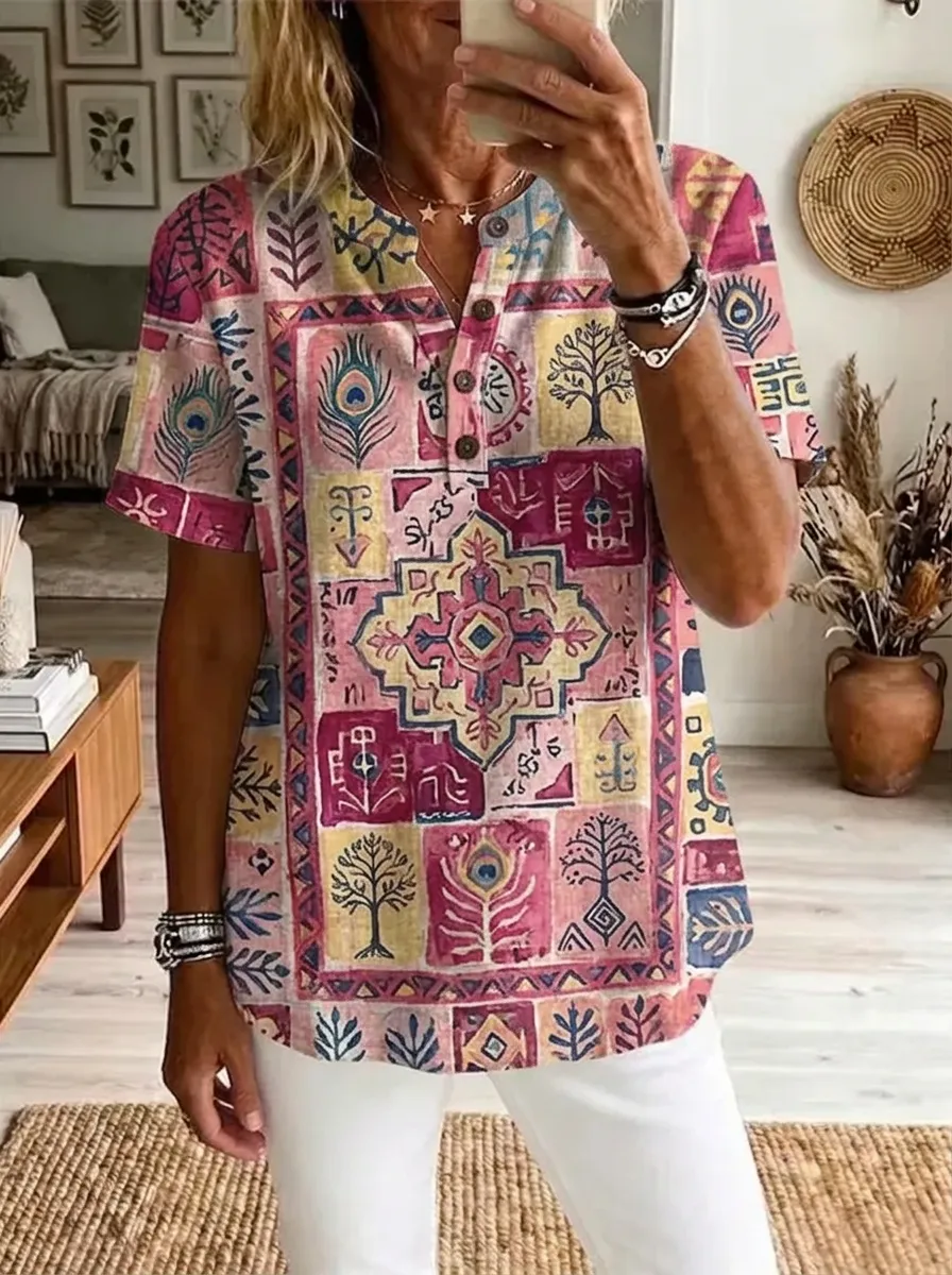 Women's Nashville Bohemian Peacock Tree Printed Henley Shirt