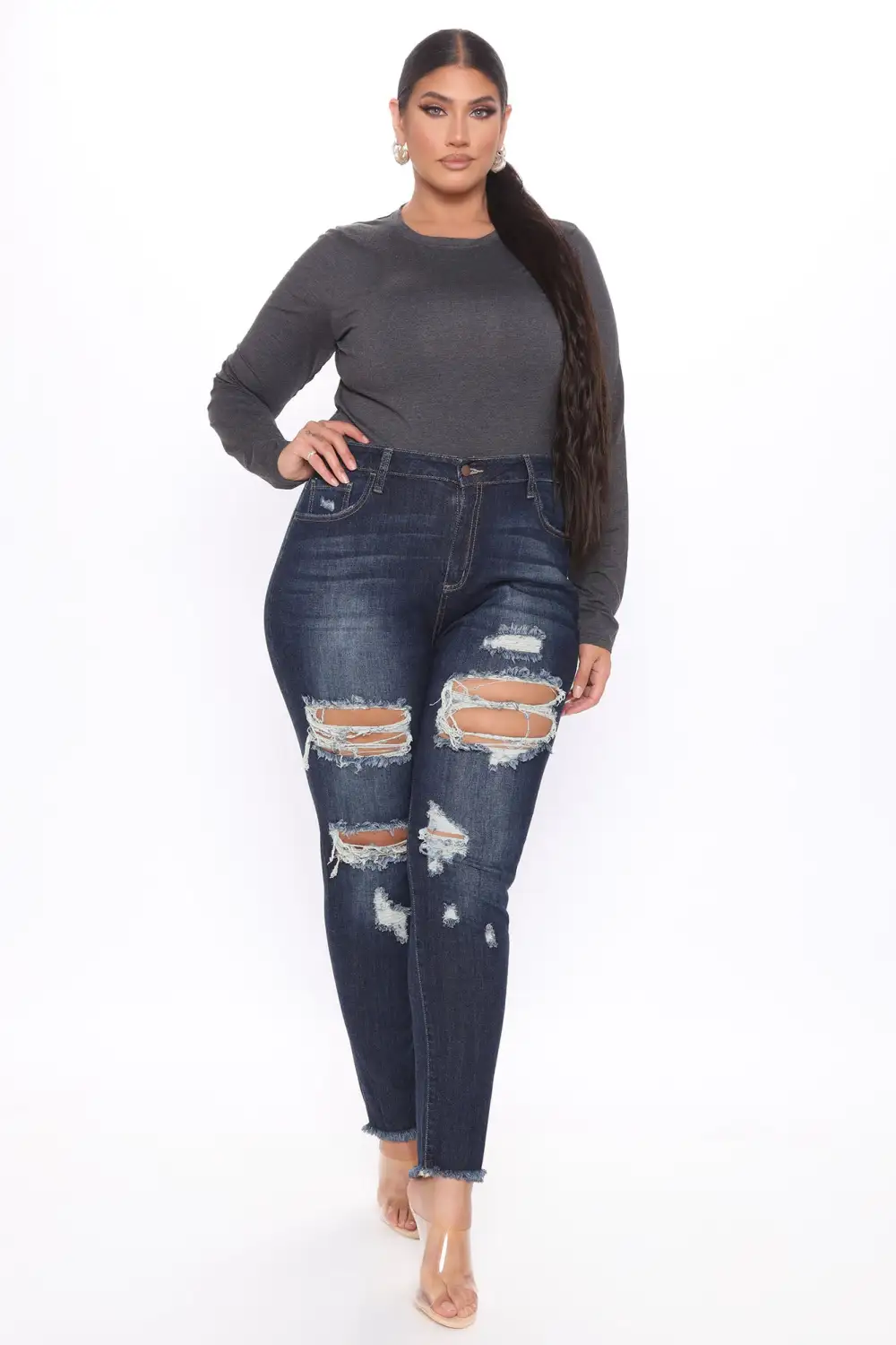 Lily Crew Neck Long Sleeve Top - Charcoal