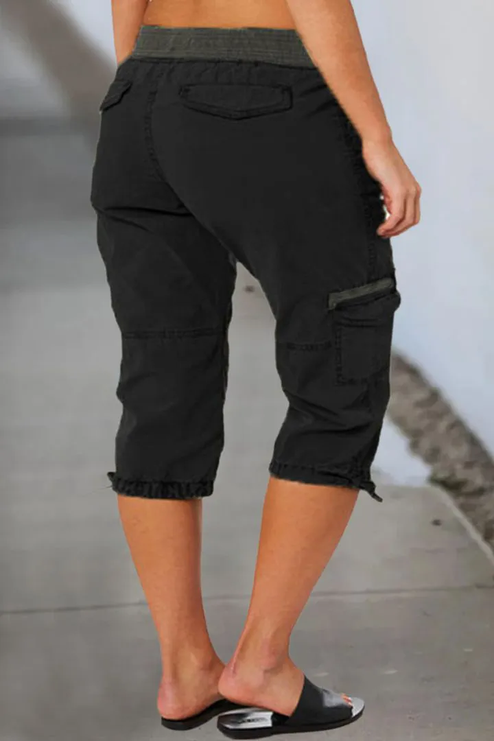 Drawstring Waist Flap Pocket Design Capris Pants