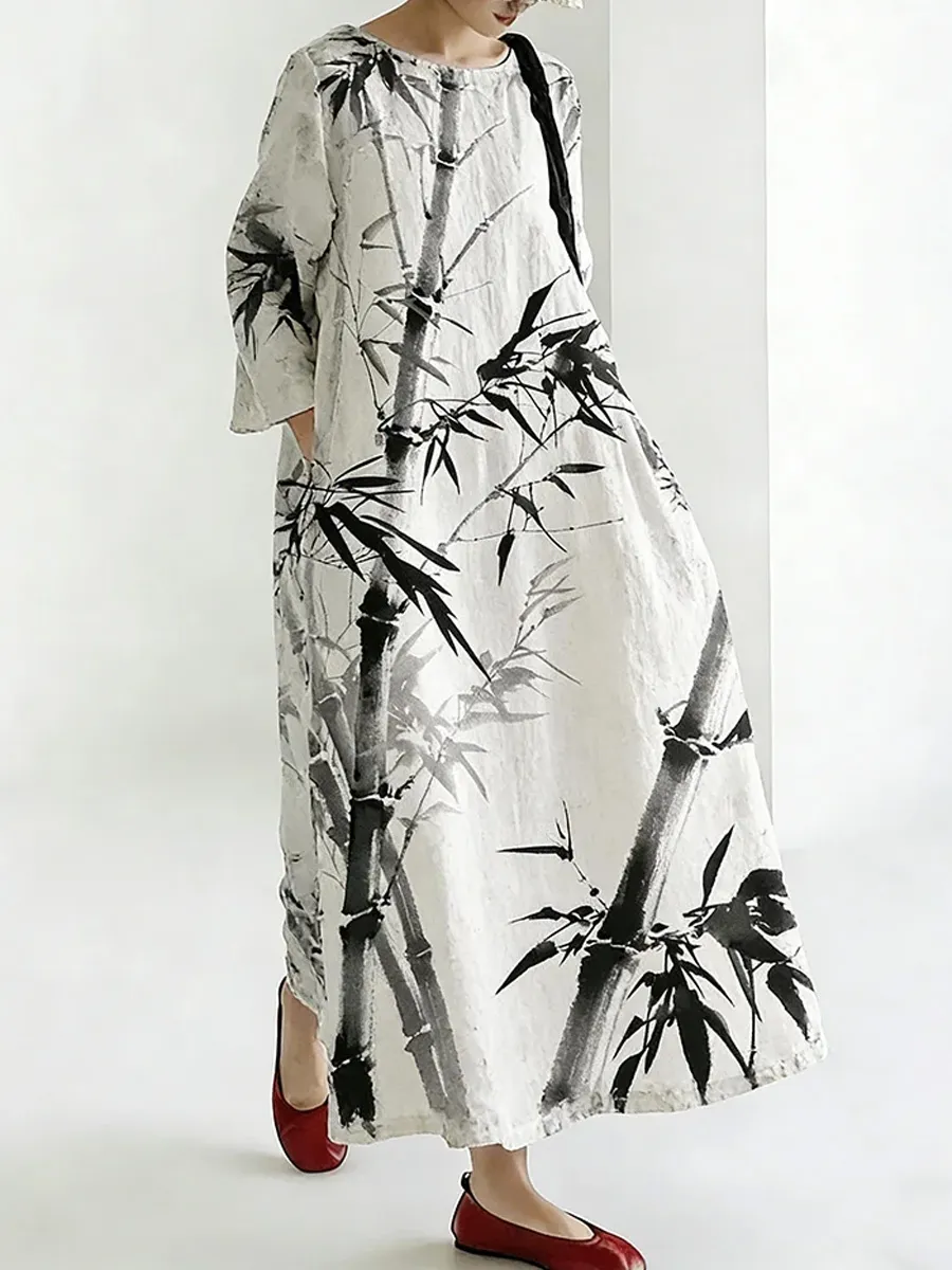 Retro Watercolor Bamboo Pattern Long Dress