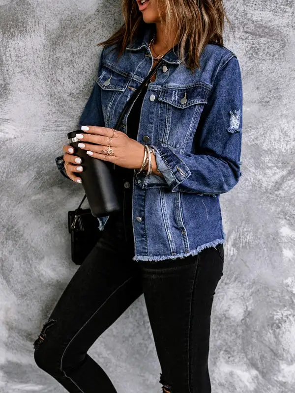 Lapel Distressed Raw Hem Buttons Denim Jacket