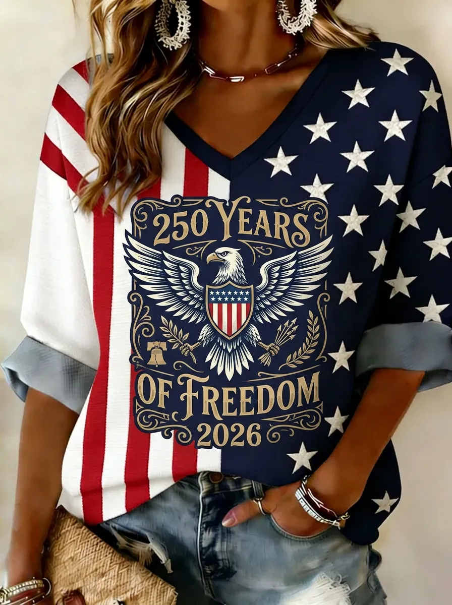 Women's Nashville 250 Years Freedom Eagle USA Flag Printed V-neck Top