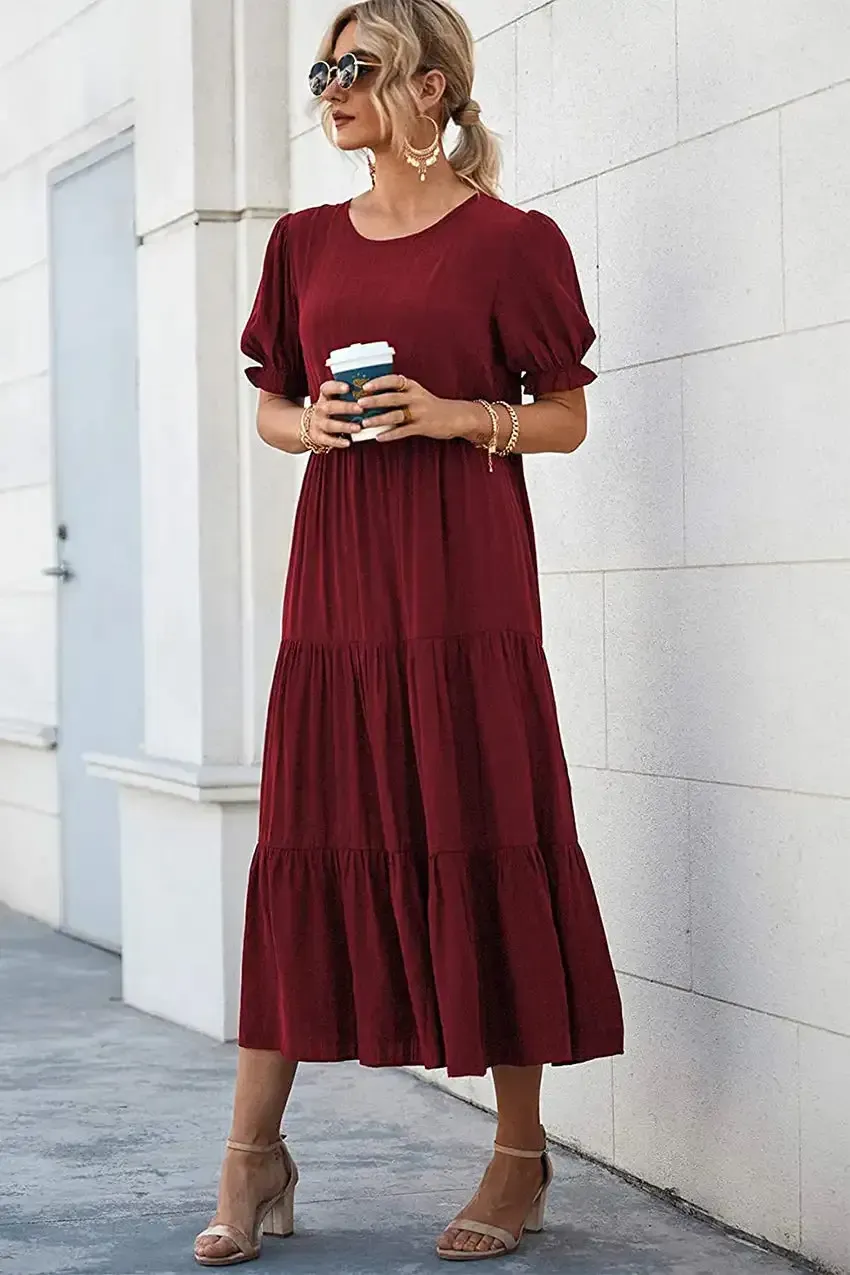 Floral Print Ruffle Puff Sleeve High Waist Midi Dresses