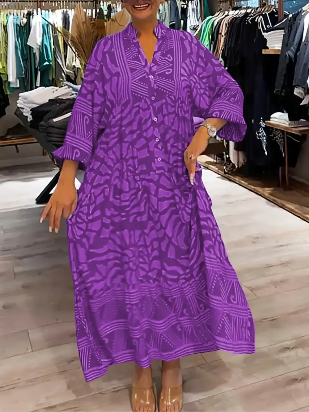 Women's Elegant Maxi Dress Plus Size V-neck Printed Loose Dress
