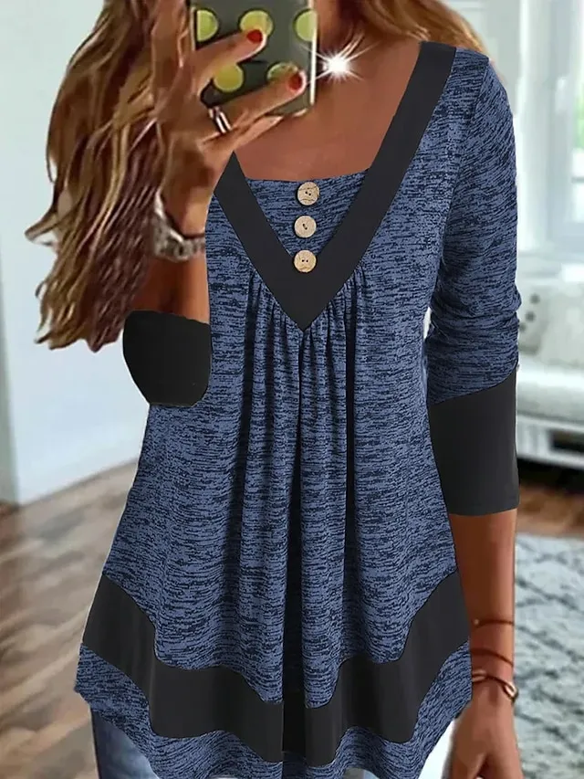 Women's Plus Size T shirt Tee Color Block Blue Orange Green Button Flowing tunic Long Sleeve Casual Weekend Basic V Neck Regular Fit Fall & Winter