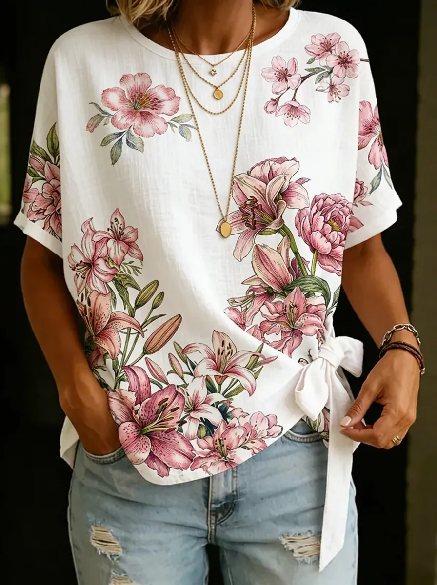 Women's Nashville Floral Lily Printed Tie-Side Top