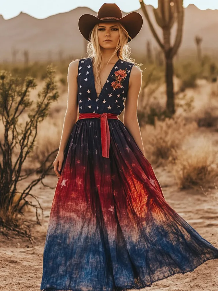 Women's Vintage Independence Day Flag Floral Gradient Sleeveless Casual Maxi Dress