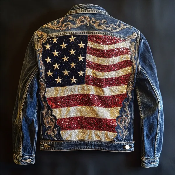 Vintage American Flag Glitter Washed Denim Jacket