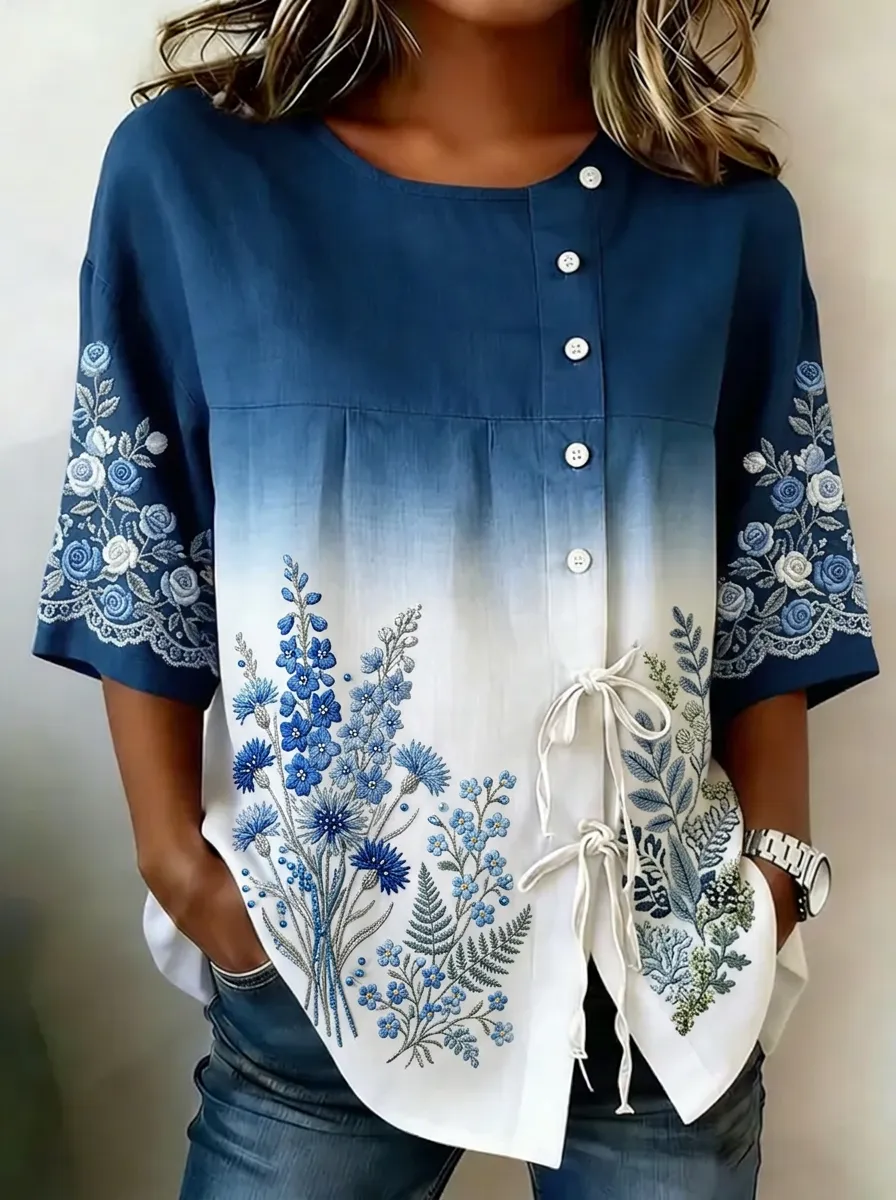 Women's Nashville Floral Ombre Embroidered Printed Top