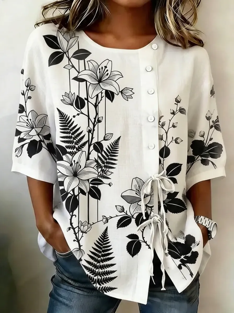 Women's Nashville Botanical Lily Fern Printed Button-Down Shirt