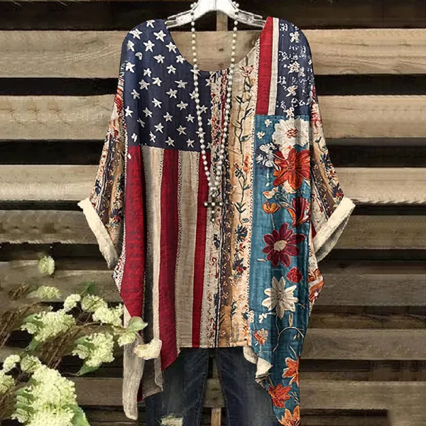 Vintage Independence Day American Flag With Floral Art Irregular Shirt
