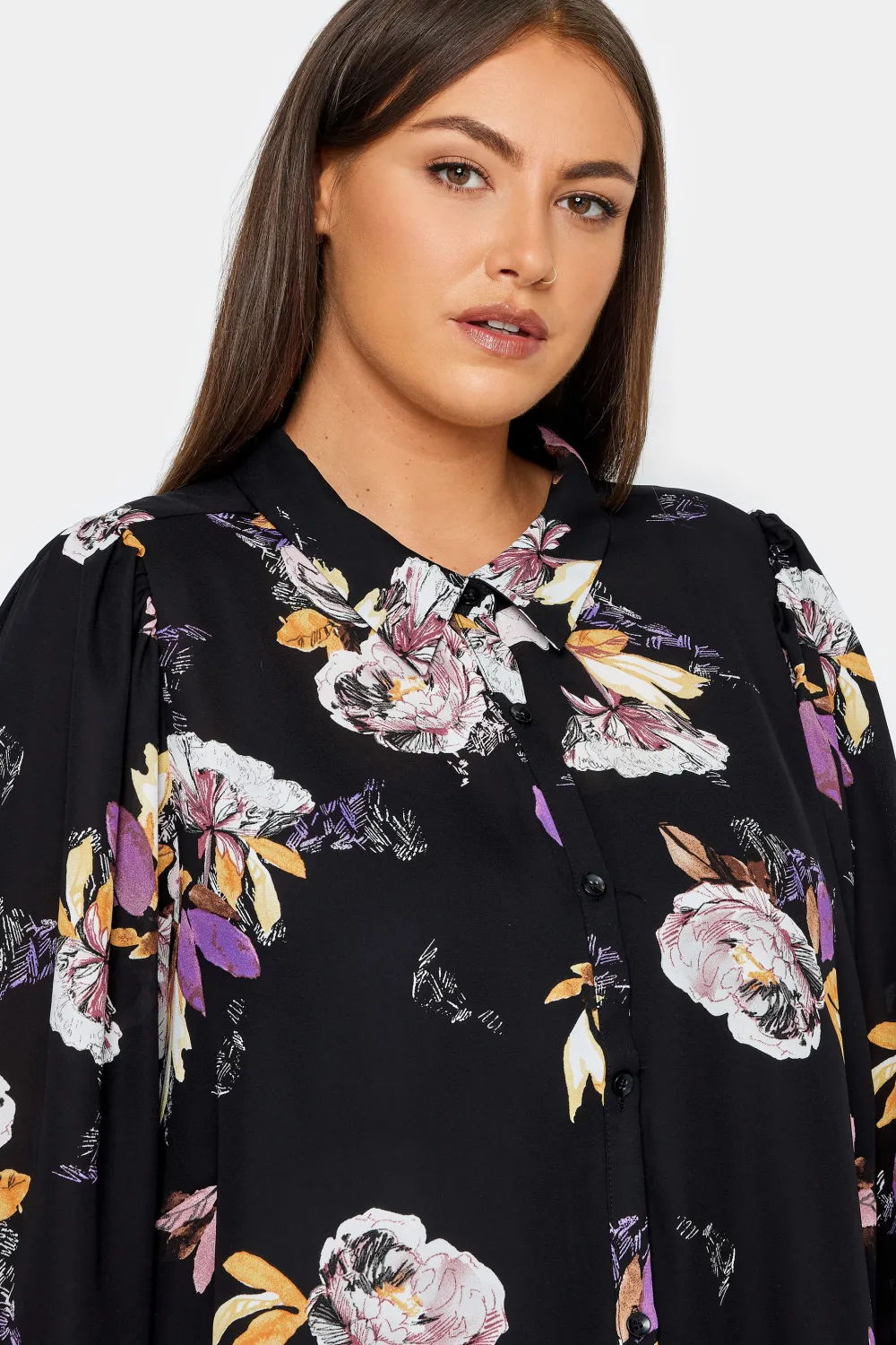 Evans Black Floral Print Shirt Dress