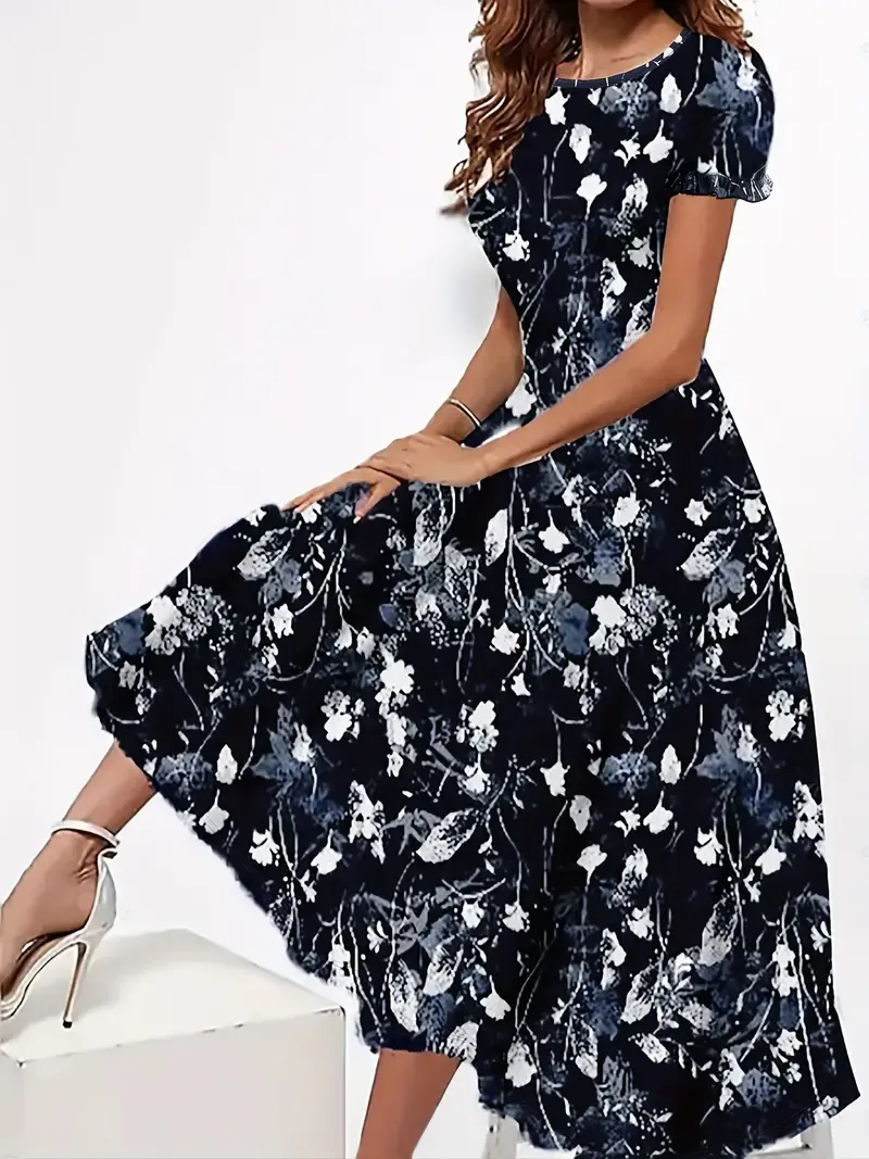Floral Print Short Sleeve Crew Neck Dress for Women, Spring & Summer Casual Dress