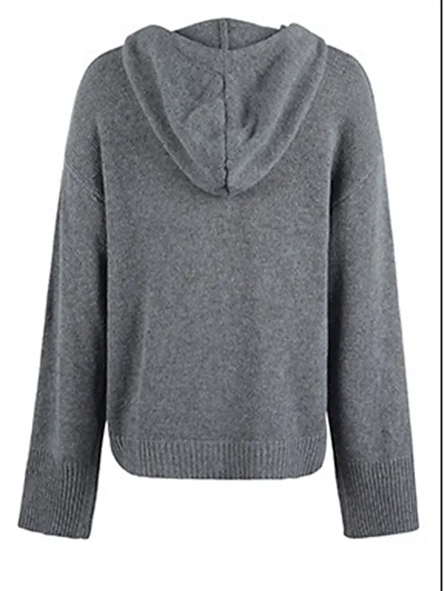 Women's Cardigan Sweater Jumper Ribbed Knit Regular Button Solid Color Hooded Stylish Casual Outdoor Daily Fall Winter Black White S M L
