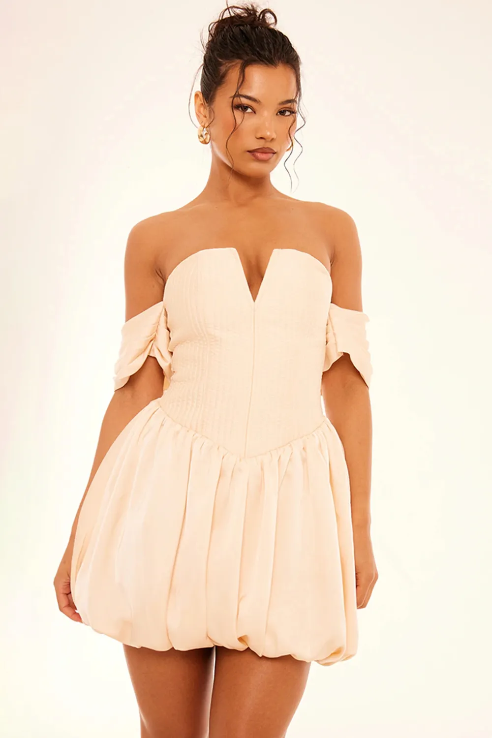 Plus Cream Satin Puffball Bardot Shift Dress